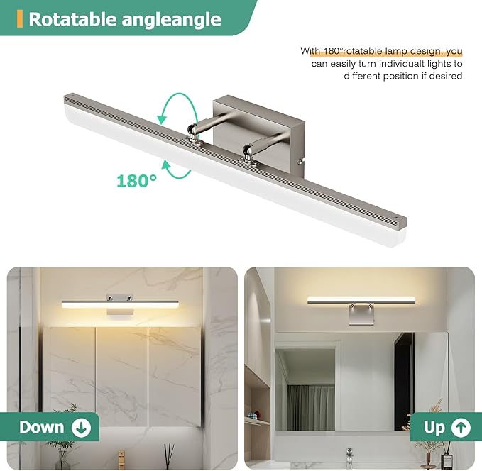 Brushed Nickel Vanity Light 24", 5CCT Dimmable LED Bathroom Light Bar, 18W Wall Mount Fixture with Adjustable Angle & ETL Driver – Modern Lighting for Bathroom, Powder Room, Bedroom - Bloomnest
