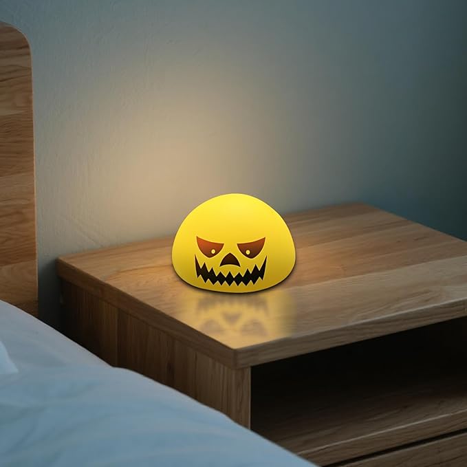 Funny Devil Pumpkin Night Light - Color Changing Half-Sphere Silicone Lamp, Battery Powered, Dimmable Glow for Halloween Christmas Decor, Novelty Gift (Yellow) - Bloomnest