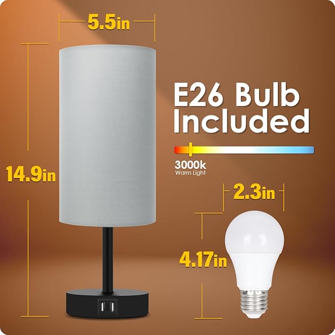 Yarra-Decor Bedside Lamp with USB Port - Touch Control Table Lamp for Bedroom 3 Way Dimmable Nightstand Lamp with Round Grey Fabric Shade for Living Room, Dorm, Home Office (LED Bulb Included) - Bloomnest