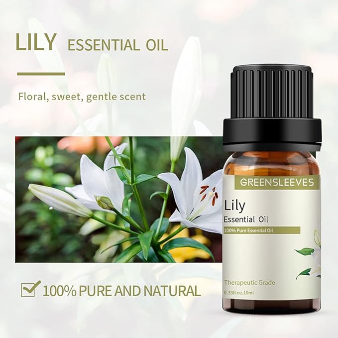 GREENSLEEVES Rose and Lily Essential Oil Set, 100% Pure Oils for Diffuser, Humidifier, Massage - 2 x 10ml GREENSLEEVES