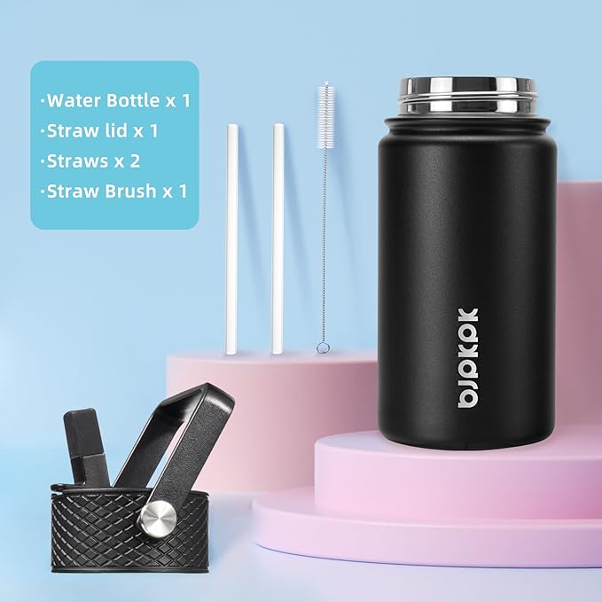 BJPKPK Water Bottle with Straw Lid, 15 oz Insulated Water Bottle, Stainless Steel Metal Water Bottles, Reusable Leak Proof BPA Free Thermo, Flask, Cups, Macaron-Black - Bloomnest