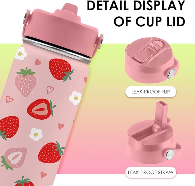 16oz Insulated Water Bottle with Handle & Flip Straw Strawberry-Themed Tumbler, Stainless Steel Heart-Shape Themed Mugs, Gifts for Girls Coworkers, Friend, Travel Cup - Bloomnest