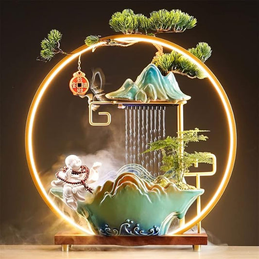 Tabletop Buddha Water Fountains Indoor Waterfall with LED Light Desktop Fountain for Meditation with Mist Japanese Fountain with Fake Plants Feng Shui Office Home Decor for Good Luck Wealth - Bloomnest