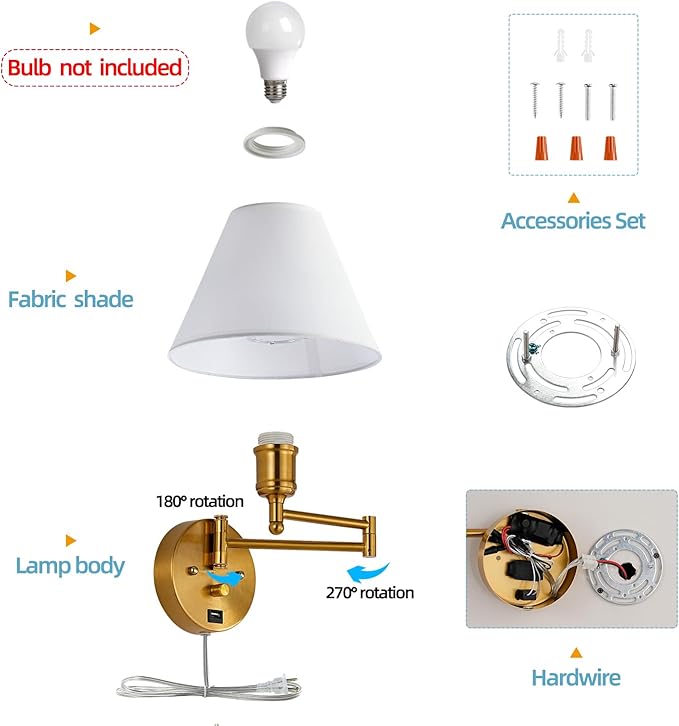 Swing Arm Wall Sconces, Plug-in Wall lamp,Bedroom Wall lamp ， White Fabric Shade，，with dimmable Switch and USB Charging Port, Suitable for Bedside, Living Room, Reading (Golden) - Bloomnest