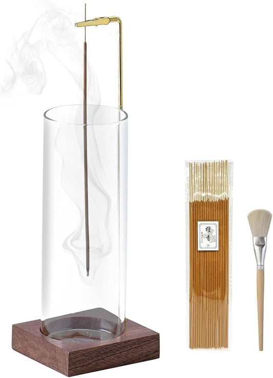 Ceremony Incense Holder, Wooden Incense Holder for Sticks with Glass Ash Catcher, Anti-ash Incense Burner with 20 Incense Sticks and a Ash Brush for Meditation Yoga Spa Room Decor - Bloomnest