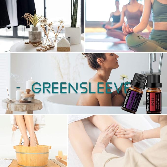 GREENSLEEVES Rose Lavender Essential Oil Set, 2 x 10ml Pure Plant-Based Fragrance Oil for Aromatherapy, Essential Oils for Diffuser, Massage, Bath Bomb, Scented Candle Soap Making GREENSLEEVES