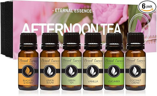Eternal Essence Oils Afternoon Tea Set of 6 Premium Fragrance Oils - Includes Green Tea, Black Fig & Honey, Cucumber, Lemon Sugar, Vanilla and Coconut Cream Scented Oils - 10ML - Bloomnest