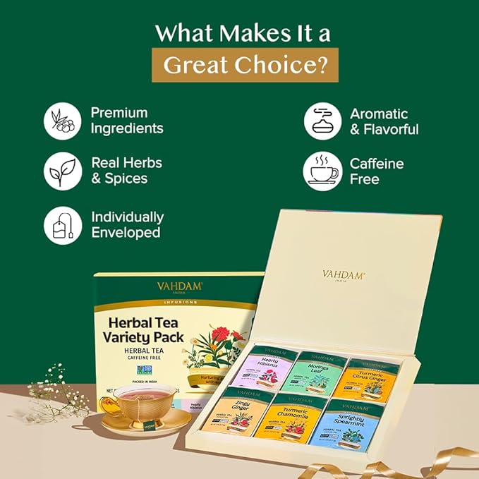 VAHDAM, Assorted Herbal Tea Gift Set (36 Tea Bags, 6 Flavors) Caffeine-Free, Non-GMO | Double Infusion, Individually Enveloped Tea Bags | Herbal Tea variety Pack | Valentines Day Gifts for Him & Her - Bloomnest