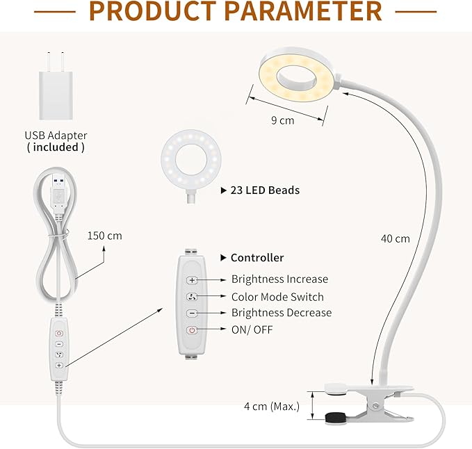 iZELL Reading Light, USB Clamp Lamp for Child Reading Book in Bed at Night, LED Small Desk Lamp with Adjustable Gooseneck Clip on Beside Table for Studying Working Drafting Sewing - 15.8‘’ White - Bloomnest
