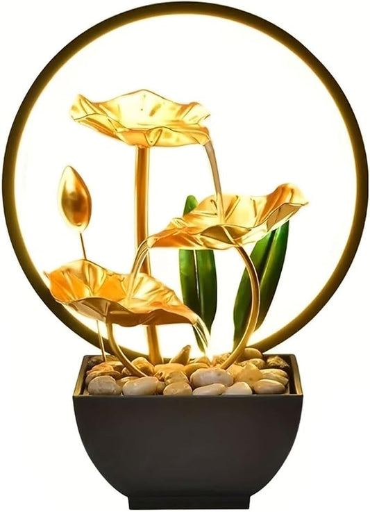 Tabletop Water Fountain with Led Light, Gold Lotus Waterfall Fountain Indoor 11 in USB Powered Flower Waterfall Zen Table Fountains with 1 Replacement Water Pump - Bloomnest