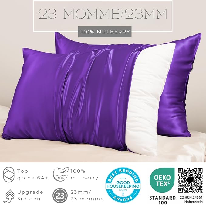 PROMEED Upgraded Grade 6A+ Purple Silk Pillowcase with Zipper, 23 Momme Natural Mulberry Silk Pillow Cases for Hair and Skin - Easy Care with Laundry Bag (King 20"x36", Purple) - Bloomnest