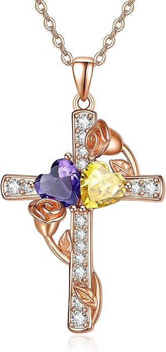 Rose Gold Dual Birthstones Cross Necklace for Women Rose Flower Jewelry Anniversary Christmas Mother's Valentine's Day Birthday Gift for Wife Girlfriend Mom - Bloomnest