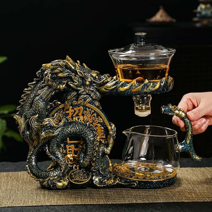 Glass Teapot Set with Infuser Semi Automatic Dragon Tea Set with 6 Small Cups (blue golden dragon-b) - Bloomnest