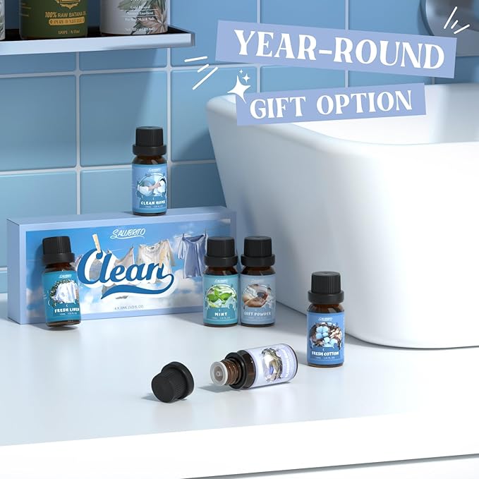 SALUBRITO Clean Fragrance Oils Set, Premium Essential Oils Set for Diffuser, Candle, Soap Making, Fresh Cotton, Clean Home, Fresh Linen, Soft Powder, Blossom Soap, Mint, Strong Scented Oils - Bloomnest