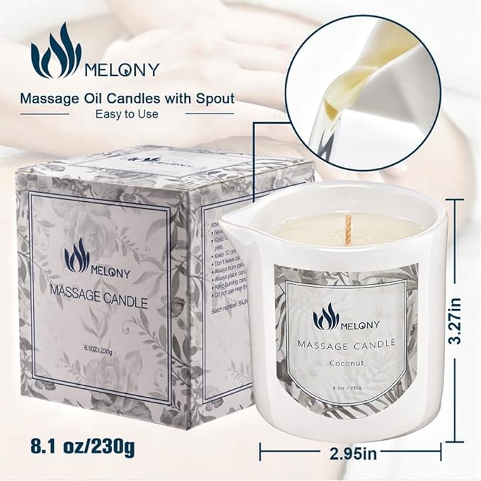 MELONY Soy Massage Oil Candle | Coconut | 8.1OZ / 230G | Perfect Intensive Skin Treatment Candle | Nourishing with Almond Oil, Shea Butter & Cocoa Butter | Massage & Moisturise - Bloomnest