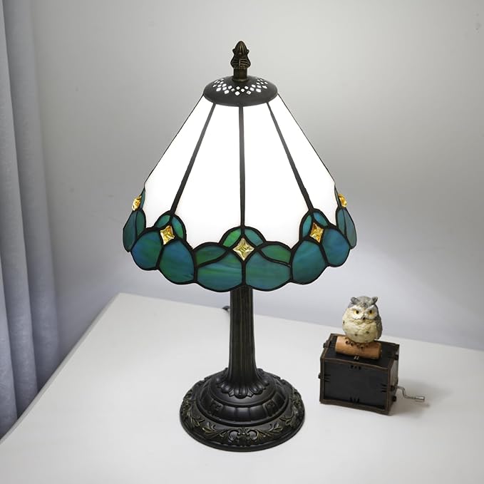 White Tiffany Lamp Small Bedside Dector Light Vintage Stained Glass Table Lamp Living Room Night Lamp Farmhouse Cute Blue Green Butterfly Wings Style Bedroom Nightstand Desk Lamps 8 Inch Mini Gift - Bloomnest
