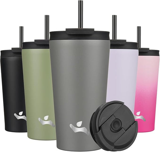 18 OZ Insulated Tumbler with Lid and 2 Straws Stainless Steel Water Bottle Vacuum Travel Mug Coffee Cup,Gray - Bloomnest