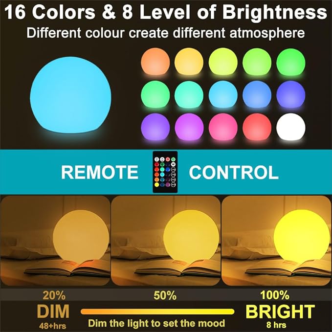 10-in Glowing LED Ball Light, Dimmable 16 RGB Color 4 Mode Glowing Orb Lights w/Remote, Rechargeable Light Up Ball Orb Lamp, Waterproof Outdoor Globe Lights Mood Lamp for Home Garden Party Path Decor - Bloomnest