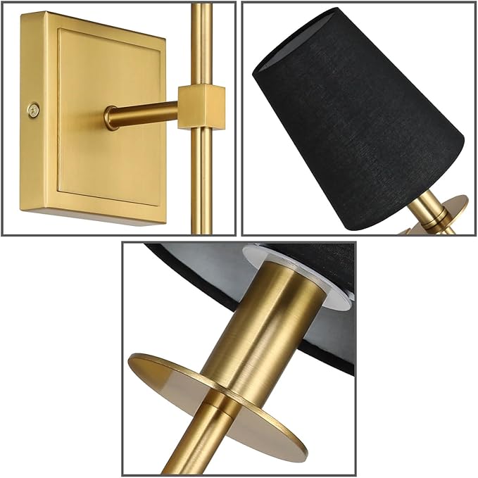XiNBEi Lighting Wall Sconces Set of 2, Hardwired Brushed Brass Sconce Lighting with Black Fabric Shade Modern Wall Mount Light Fixture for Bathroom Bedroom Living Room Hallway XB-W1307-BS - Bloomnest