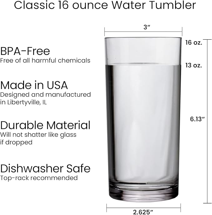 US Acrylic Classic Clear Plastic Reusable Drinking Glasses (Set of 6) 16oz Water Cups | BPA-Free Tumblers, Made in USA | Top-Rack Dishwasher Safe - Bloomnest