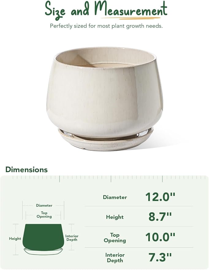 LE TAUCI 12 Inch Pots for Plants, Ceramic Planter with Drainage Hole & Saucer, Thick-Walled Ceramic, Planters for Indoor Plants, Ideal for Living Room & Entryway, Reactive Glaze Beige - Bloomnest