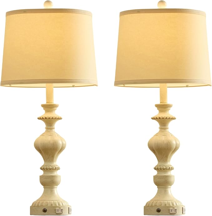 27.5" Farmhouse Table Lamps Set of 2 Bedside Nightstand Lamp with USB C+A Ports & AC Outlet, 3 Way Dimmable Touch Lamps for Bedroom Living Room Office Rustic Lamp (White Gold) - Bloomnest