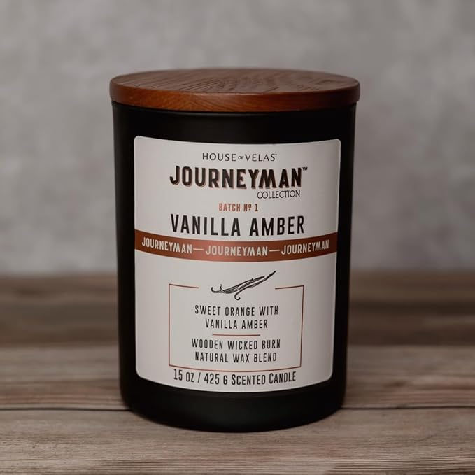 Journeyman Collection Candle, 15oz, Wooden Wick, Vanilla Amber, Large Painted Jar - Bloomnest