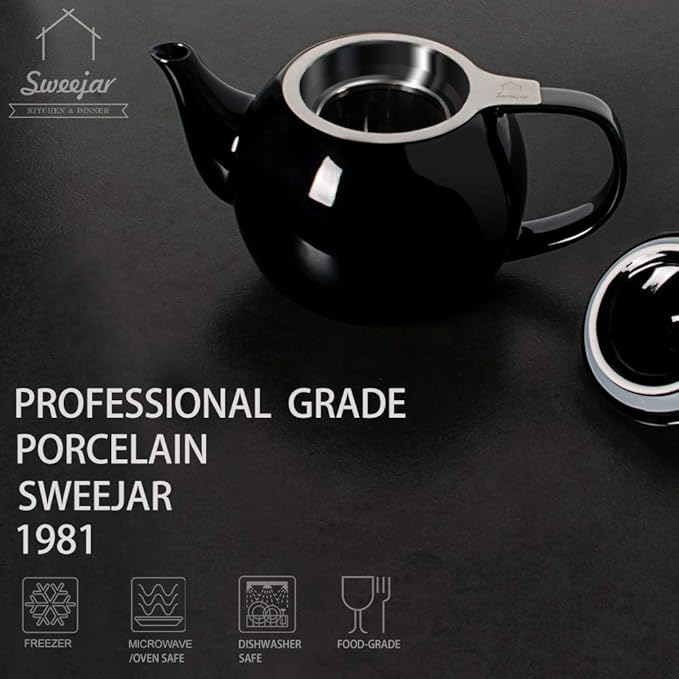 Sweejar Porcelain Teapot with Removable Stainless Steel Infuser,Microwave & Dishwasher Safe Tea Pots for Loose Tea,Tea Infuser Pots for Chrismas Women Gift (30oz Black) - Bloomnest
