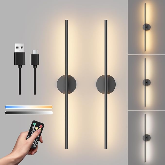 Tipace Battery Operated Wall Sconce with Remote Control,Wall Sconces Set of Two,3000K-6000K LED Wall Light for Bedroom,Hallway,Background Wall,350°Rotate,28 Inch,Black(2 Pack) - Bloomnest