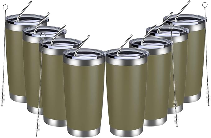 MEWAY 20oz Tumbler 8 Pack Double Wall Vacuum Insulated Travel Mug Bulk, Stainless Steel Tumblers with Lid and Straw, Durable Powder Coated Coffee Cups for Cold & Hot Drinks (Army Green, 8) - Bloomnest