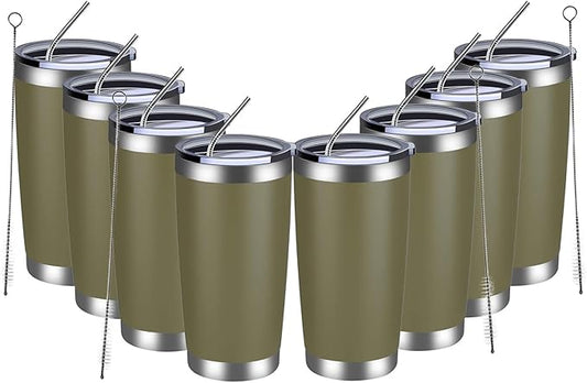 MEWAY 20oz Tumbler 8 Pack Double Wall Vacuum Insulated Travel Mug Bulk, Stainless Steel Tumblers with Lid and Straw, Durable Powder Coated Coffee Cups for Cold & Hot Drinks (Army Green, 8) - Bloomnest