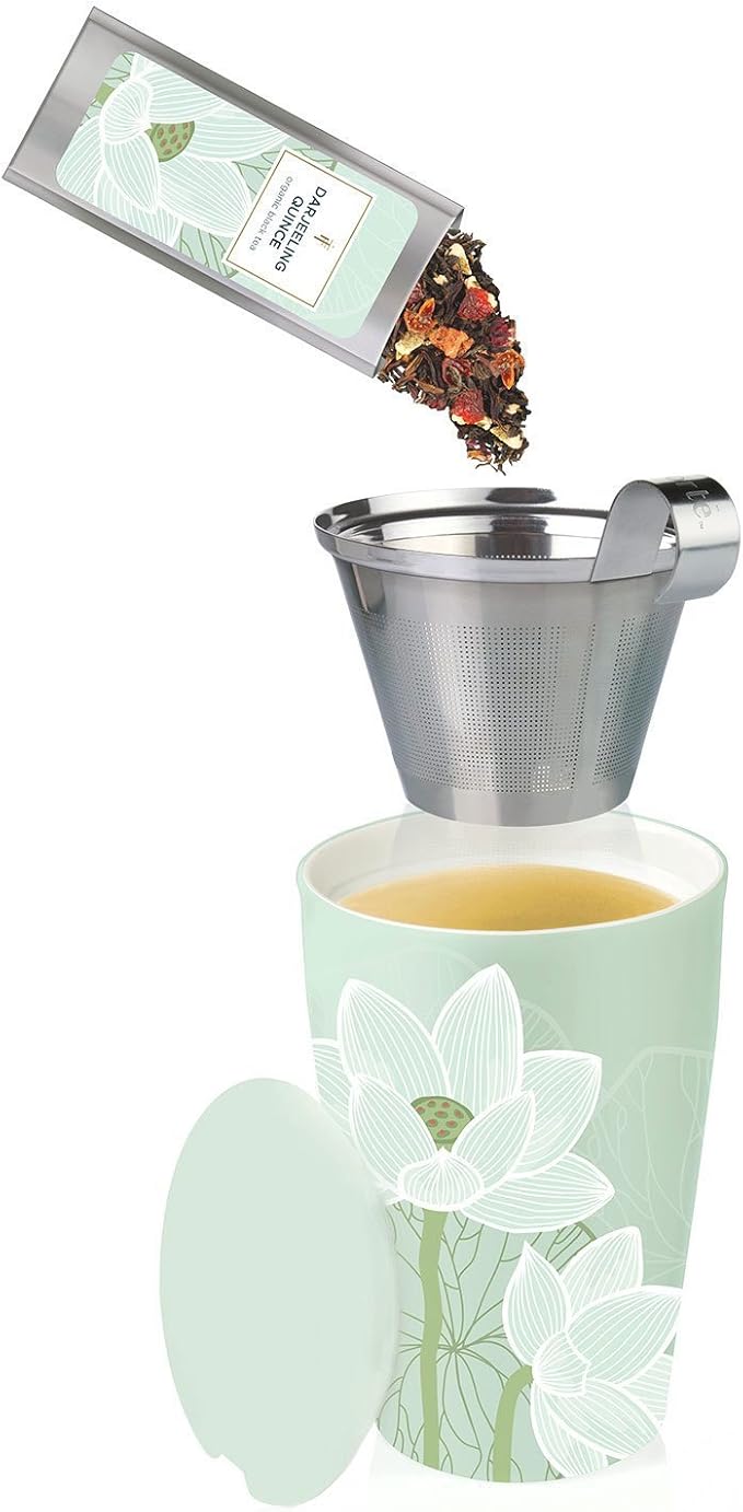 Tea Forte Double-Walled Ceramic Kati Cup, Removable Stainless Steel Infuser Basket and Lid, Steeps 12 oz Loose Leaf Tea, Dishwasher & Microwave Safe, Lotus - Bloomnest
