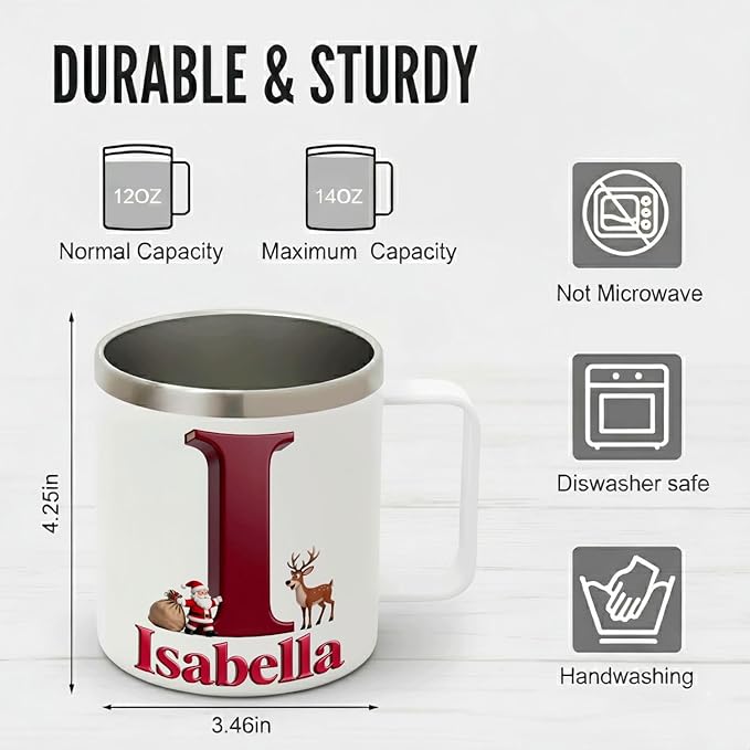 Personalized Christmas Insulated Coffee Mug with Handle – Custom Initial Letter [W] & Name [William] – [Your Brand Name] Double Wall Stainless Steel Travel Tumbler for Hot & Cold Drinks (B110) - Bloomnest