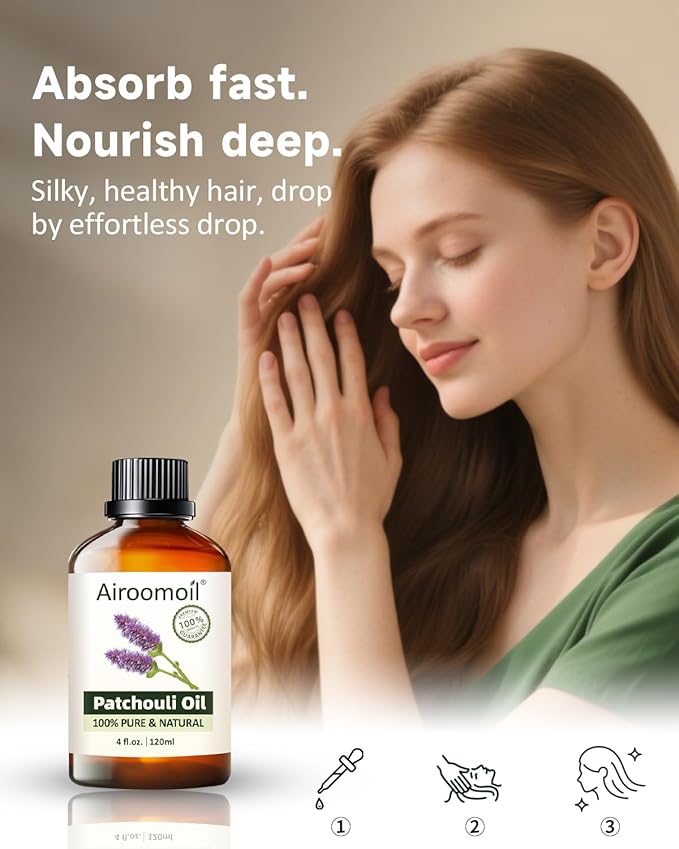 100% Pure Patchouli Essential Oil, 4 fl oz | for Diffusers, DIY Perfume, Soap Making, Aromatherapy, Skin Use, Blending & Scent Customization, Long-Lasting Aromatherapy for Home Airoomoil