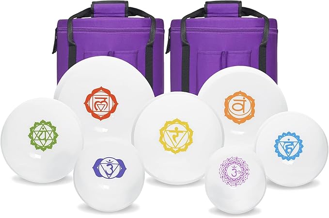440HZ 6"-12" Set of 7 Paternoster Frosted Quartz Crystal Singing Bowl Set for Chakra Sound Healing Meditation with 2 pcs Carrying Case - Bloomnest