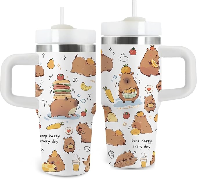 Capybara Gift for Women, 14oz Capybara Tumbler with Handle, Lid & Straw - Vacuum Insulated Stainless Steel Travel Mug - Hot/Cold Car Cup for Commuting, Office - Kawaii Water Bottle Gifts for Adults - Bloomnest