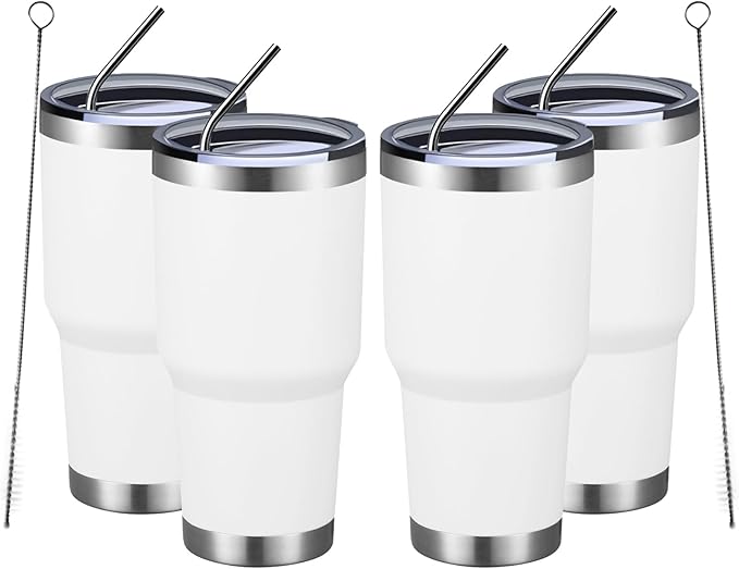 MEWAY 30oz Insulated Tumbler With Lids and Straws,Stainless Steel Double Vacuum Coffee Tumbler Cup, Brush, Durable Powder Coated Coffee Cup for Cold & Hot Drinks, Office(White,4 PACK) - Bloomnest