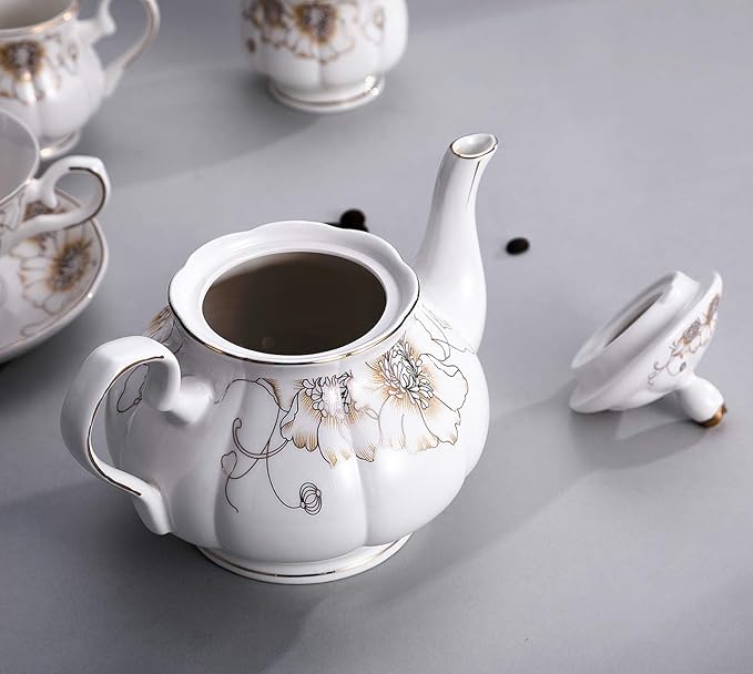CHENP.HMC Tea Set 22-Piece Porcelain Ceramic Coffee Tea Gift Sets Cups Saucer Service for 6 Teapot Sugar Bowl Creamer Pitcher and Teaspoons (Chrysanthemum) - Bloomnest