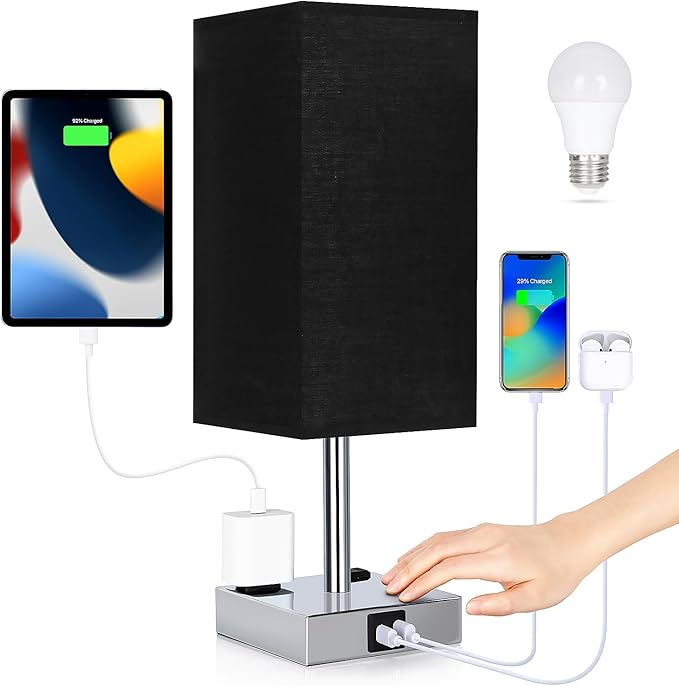 Bedside Lamp with USB Ports - Touch Control Table Lamp for Bedroom with USB C+A Charging Ports & AC Outlets, 3 Way Dimmable Nightstand Light for Living Room (Bulb Included, Black) - Bloomnest