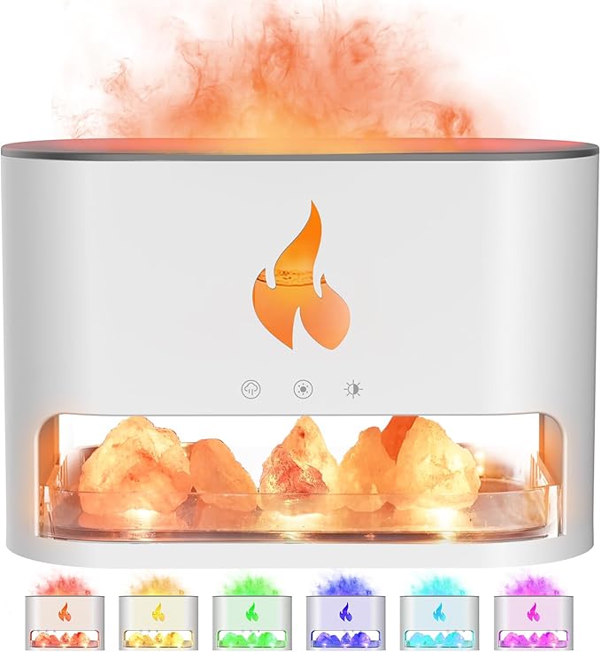 Essential Oil Diffuser, Fireplace Fire Flame Aromatherapy Diffuser, 250ml Himalayan Salt Lamp Scent Diffuser, Cool Mist Humidifier with 7 Colors Light, Timer & Auto-Off for Home, Room (White) - Bloomnest