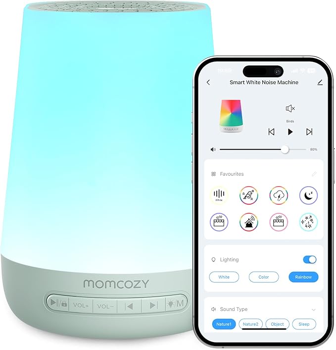 Baby Sound Machine, Momcozy White Noise Machine for Baby Sleeping with Night Light, Toddler Sleep Trainer with 34 Soothing Sounds, Timer, App Remote Control, Personal Sleep Routine(Green) - Bloomnest