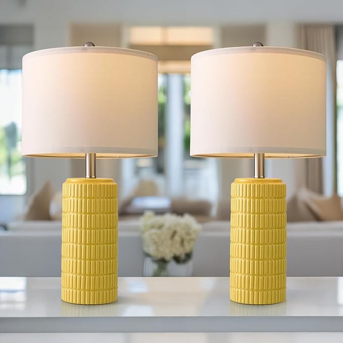 PoKat 23" Yellow Table Lamps Set of 2, Modern Living Room End Table Lamps Decor, Ceramic Lamps for Living Room, Contemporary Nightstand Lamps for Side Console Table Hallway Gift - Bloomnest
