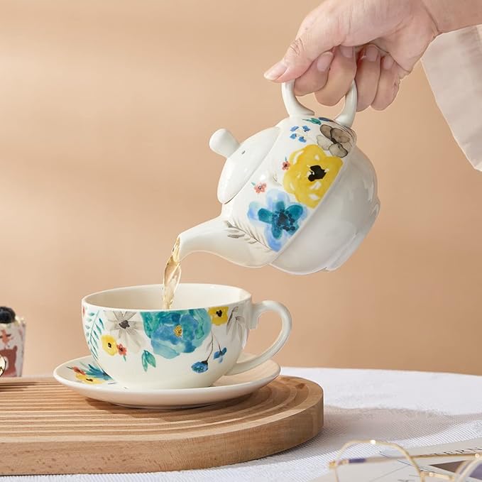 Porcelain Tea Set for One - Hand Painted Watercolor Floral Teapot and Cup, Gift for Women, Blooming Flowers - Bloomnest