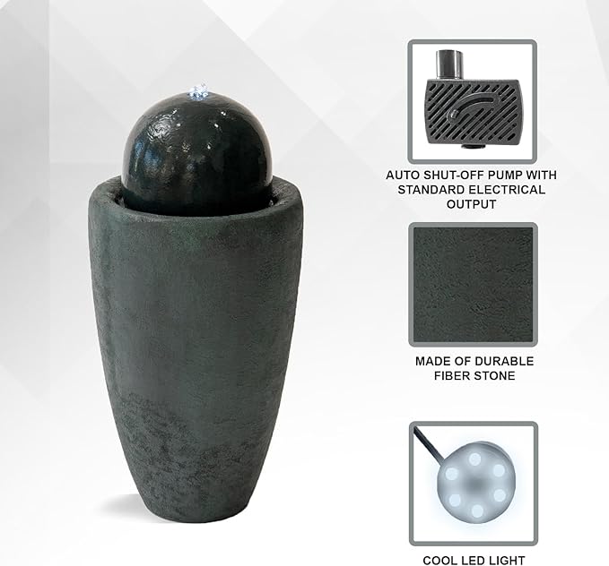 XBrand 25.98" H Round Stone Indoor/Outdoor Modern Stone Textured Sphere Water Fountain w/LED Lights, Dark Green - Bloomnest