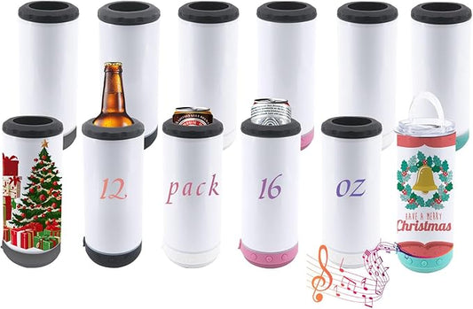 12 Pack 16 oz Sublimation Music Bluetooth Speaker Blank Tumblers Stainless Steels Insulated 4 in 1 Can Cooler Beer Holder with Lid and Straw Metal Slim Coozies for Drinks Bulk - Bloomnest