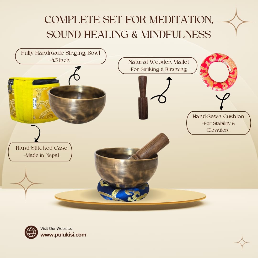 Handmade 4.5" Tibetan Singing Bowl Set– Tiger Antic Sound Bowl with Mallet, Cushion & Case – Sound Therapy Set from Nepal
