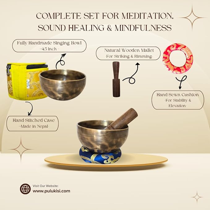 Handmade 4.5" Tibetan Singing Bowl Set– Tiger Antic Sound Bowl with Mallet, Cushion & Case – Sound Therapy Set from Nepal - Bloomnest