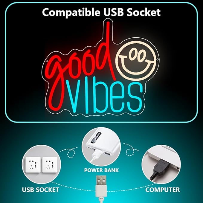 Good Vibes Neon Sign, Smile Face LED Neon Light for Wall Decor Good Vibes Light Up Lamp for Bedroom Dorm Game Room Wall Art Party Decorations Gift USB Powered(14.2"*11.8") - Bloomnest
