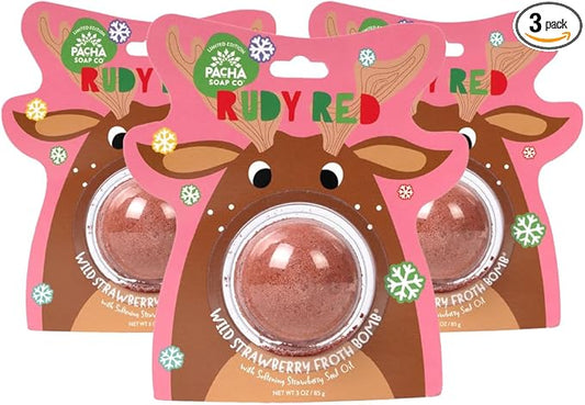 PACHA SOAP Co. Holiday Bath Bomb Card 3 Pack, Rudy Red - Scents of Strawberry, Moisturizing, Naturally Derived & Handcrafted in The USA - Bloomnest