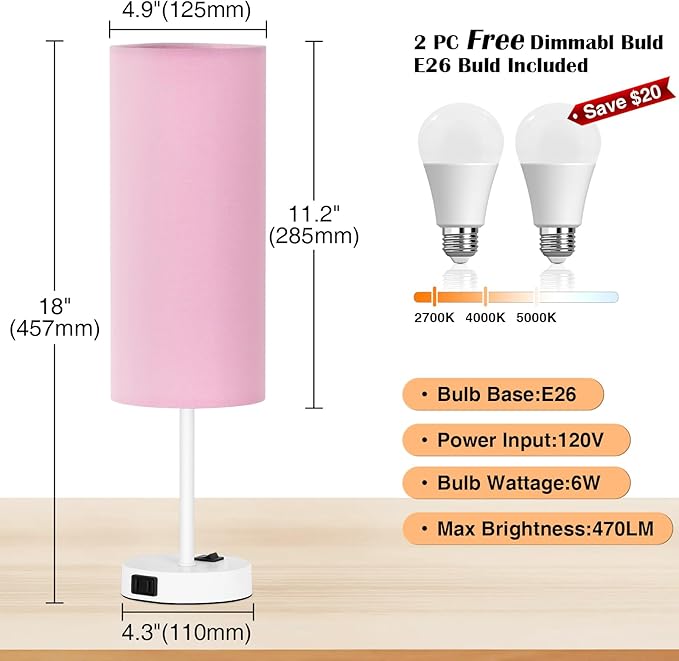 ZJOJO Table Lamp for Bedroom 2 Pack,18in Bedside Lamps with 3 Way Dimmable Rocker Switch & AC Outlet,Nightstand Desk Lamp with Pink Fabric Shade White Base for Living Room Home Decor Lights - Bloomnest